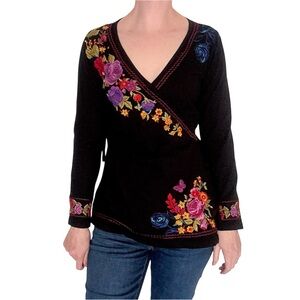 Johnny Was Black Floral Embroidered Wrap Top Boho Long Sleeve Blouse Shirt M